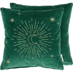 image:imagePrimitives by Kathy Decorative Throw Pillow Moon And Stars removable zipper coverembroidered in metallic gold thread on soft green velvetstylish trendy accent for your home office dorm den or gift