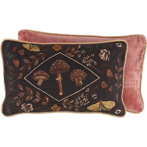 image:imagePrimitives by Kathy Hidden Garden Velvet Pillow moody color palette embroidered design in a watercolor style gold metallic trim removable zipper cover coordinate with other Moody Collection items