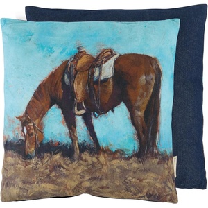 image:imagePrimitives by Kathy Horse Pillow Ready to Ride Hand Painted Design Horse grazing Wearing Western SaddleRemovable Zipper Cover16x16 Throw Pillow Gift for Any Horse Lover Western Home Accent