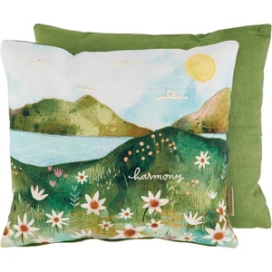 image:imagePrimitives by Kathy Inspirational Throw Pillow Harmony Features Abstract Lake Landscape in Hand Illustrated Art Style Embroidered Details Removable Zipper Cover Outdoor Nature Themed Home Accent