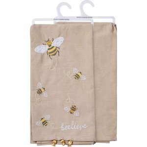image:imagePrimitives by Kathy Beelieve Kitchen Towel Embroidered Bees with Metallic Gold Thread and Tassels Machine Washable 20 by 26 Inches Unfolded Bee Kitchen Dcor Tan Cotton Linen Blend