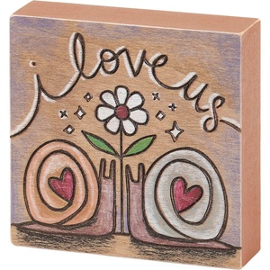 image:imagePrimitives by Kathy Wooden Block Sign 4inch squareI Love Us wood burned art Hand Illustrated daisy and rose hearts design  love themed gift for Valentines Day Wedding or Anniversary  for wall shelf or desktop decor