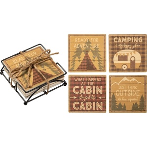 image:imagePrimitives by Kathy Camping is My Happy Place Ready for Adventure Just Think Outside No Box Required What Happens at The Cabin Stays at The Cabin Decorative Coaster Set