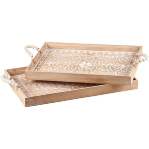 image:imagePrimitives by Kathy Decorative Tray Set  Natural Wood Tray Set of 2 Debossed Floral Designs Throughout White Paint Accented Details Dual Wooden Boho Style Bead Handles