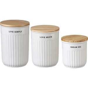 image:imagePrimitives by Kathy Modern Farmhouse Nesting Kitchen Canister Jars with Wood Airtight Lids White Stoneware Rustic Contemporary Continer Dcor for Flour Sugar Coffee Tea Storage Set of 3