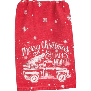 image:imagePrimitives by Kathy Decorative Kitchen Towel  Classic Red Truck Snowflakes with Merry Christmas Happy New Year Sentiment