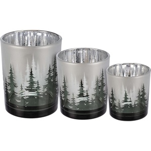 image:imagePrimitives by Kathy Set of 3 Evergreen Pine Tree Design Glass Candle Holder Set