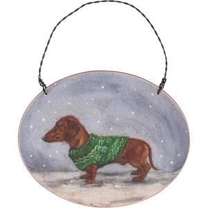 image:imagePrimitives by Kathy Ornament  Cozy Dachshund Wooden ornamament Holiday DesignPersonalize Back with pet Name Date MemoriesRustic Tree dcor