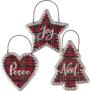 image:imagePrimitives by Kathy Ornament Set  Peace Set of 3 Metal OrnamentsChristmas PlaidPeaceNoelJoyRustic Tree dcorwall Hanging dcorSeasonal Accent