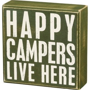 image:imagePrimitives by Kathy 21110 Rustic Olive Green Box Sign 5 x 5 Happy Campers