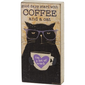 image:imagePrimitives by Kathy Block Sign Good Days Start with Coffee and A Cat 3 x 6 x 1Tan