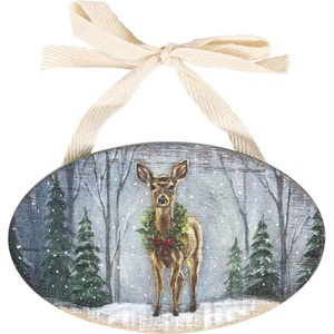 image:imagePrimitives by Kathy Ornament  Snowy Deer Charming Artistic SceneHoliday WreathWinter Snow ForestUnique ArtworkTree dcorWall Hanging dcor