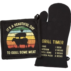 image:imagePrimitives by Kathy Its A Beautiful Day to Grill Some Meat  Grill Timer Rare 1 Beer Medium 2 Beers Well Done 3 Beers Order Pizza 6 Beers Decorative Oven Mitt Potholder Set