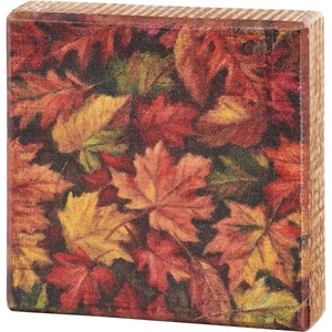 image:imagePrimitives by Kathy Block Sign  Fall Leaves from our Fall amp Harvest Collection displaying a hand painted scene of a pile of autumn leaves Sides and back feature coordinating natural wood with distressed details Coordinates with other signs in our Fall Harvest Collection for a delightful seasonal display