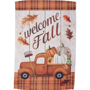 image:imagePrimitives by Kathy Decorative Garden Flag  Welcome Fall Vintage Inspired Truck Hauling Pumpkins Design