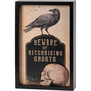 image:imagePrimitives by Kathy Home Decor Sign Beware Of Hitchhiking Ghosts from our Halloween Collection displaying vintage art of a raven on a gravestone with a fun seasonal sentiment