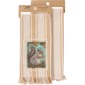 image:imagePrimitives by Kathy Kitchen Towel  Curious Squirrel from Our Fall amp Harvest Collection Featuring a Stitched Art Panel with Frayed Border and Woven Orange Stripes Throughout