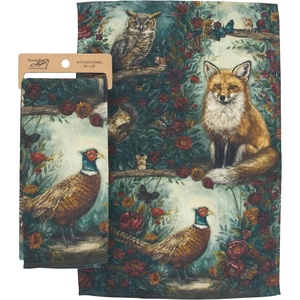 image:imagePrimitives by Kathy Kitchen Towel  Fall Woodland displaying Charming Autumn Scenes of Woodland Animals Surrounded by Fall Flowers in a Moody Color Palette