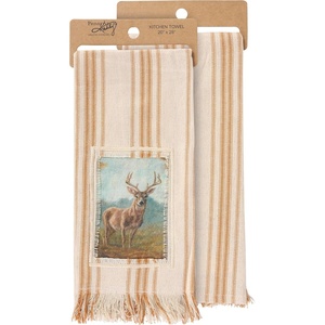 image:imagePrimitives by Kathy Kitchen Towel  Forest Deer from Our Fall amp Harvest Collection Featuring a Stitched Art Panel with Frayed Border and Woven Orange Stripes Throughout