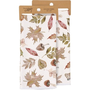 image:imagePrimitives by Kathy Kitchen Towel  Harvest Leaves from Our Fall amp Harvest Collection displaying an AllOver Design of Harvest Leaves and Mushrooms Hand Painted in a Unique Watercolor Style