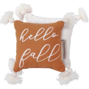 image:imagePrimitives by Kathy Mini Pillow  Hello Fall Cream Cotton Pillow from Our Fall amp Harvest Collection displaying Autumn Leaf Designs on The Front Made with Embroidered and Yarn Details