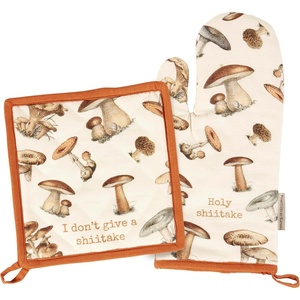 image:imagePrimitives by Kathy Oven MittPotholder Kitchen Set from Our Garden CollectionMatching Set with Vintage ArtWild MushroomsCoordinating MushroomThemed Puns I Dont Give A ShiitakeHoly Shiitake