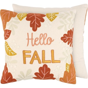 image:imagePrimitives by Kathy Pillow with Decorative Cover Hello Fall from Our Fall amp Harvest Collection displaying Autumn Leaf Designs on The Front Made with Embroidered and Yarn Details