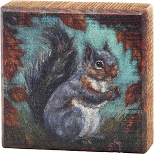 image:imagePrimitives by Kathy Wooden Block Sign 4inch square Curious Squirrel in hand painted fall scene with autumn leaves  Rustic home decor for Office Den Cabin  for wall shelf or tabletop display