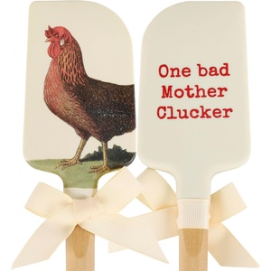 image:imagePrimitives by Kathy doublesided silicone novelty cooking spatulaFarmhouse Collectionvintage art of a rooster on frontOne Bad Mother Clucker sentiment on backmatch with our other farm pun dcor