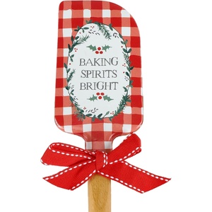 image:imagePrimitives by Kathy doublesided silicone novelty cooking spatulahand lettered Baking Spirits Bright sentiment with holiday greenery wreath design and red and white gingham pattern