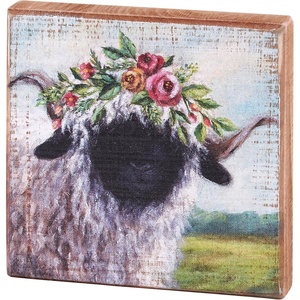 image:imagePrimitives by Kathy Floral Crown Sheep Wooden Block Sign Wall Art  Spring Home Decor with Distressed Details