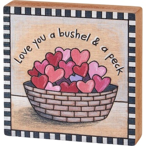 image:imagePrimitives by Kathy Wood Block Home Dcor Sign  Love You A Bushel amp Peck sentiment featuring a vibrant hand illustrated sunrise and hearts design