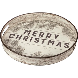 image:imagePrimitives by Kathy Decorative Tray  Merry Christmas Sentiment on a Round Rustic Metal Holiday Tray Featuring slatted Wood Background Print Featuring Distressed Details amp Cut Out Handles
