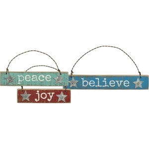 image:imagePrimitives by Kathy Beach Holiday Wooden Christmas Ornament Set Believe Joy Peace