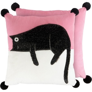 image:imagePrimitives by Kathy One Eye Open Cat Pillow displaying Fun pet Inspired Design of a cat Laying Down with one Eye Open on Textured Geometric Pattern as Well as Coordinating Black poms on The Corners