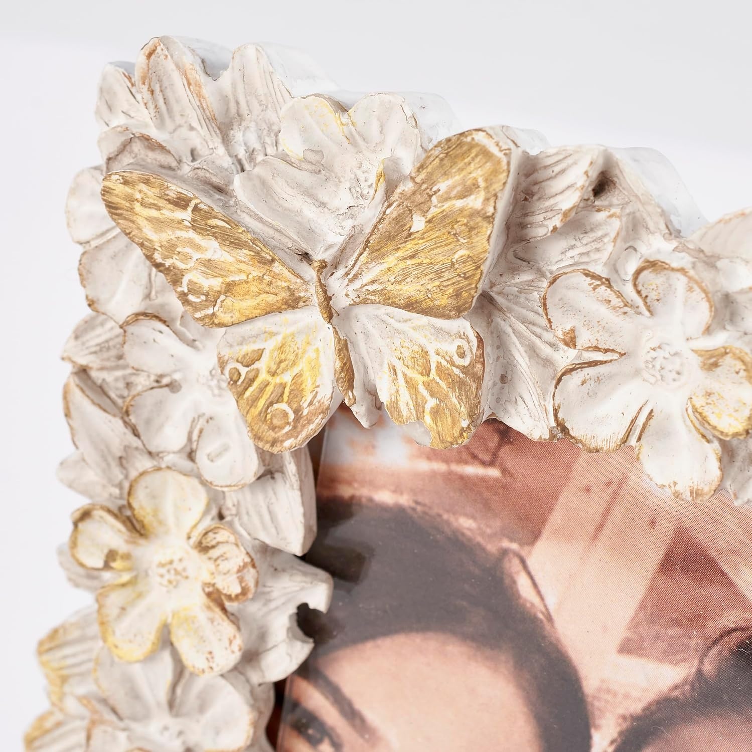 image:imagePrimitives by Kathy White Floral Wooden Photo Frame 4 x 4 delicate sculpted roses and butterflies border vintage picture display for nursery anniversary or wedding giftGarden