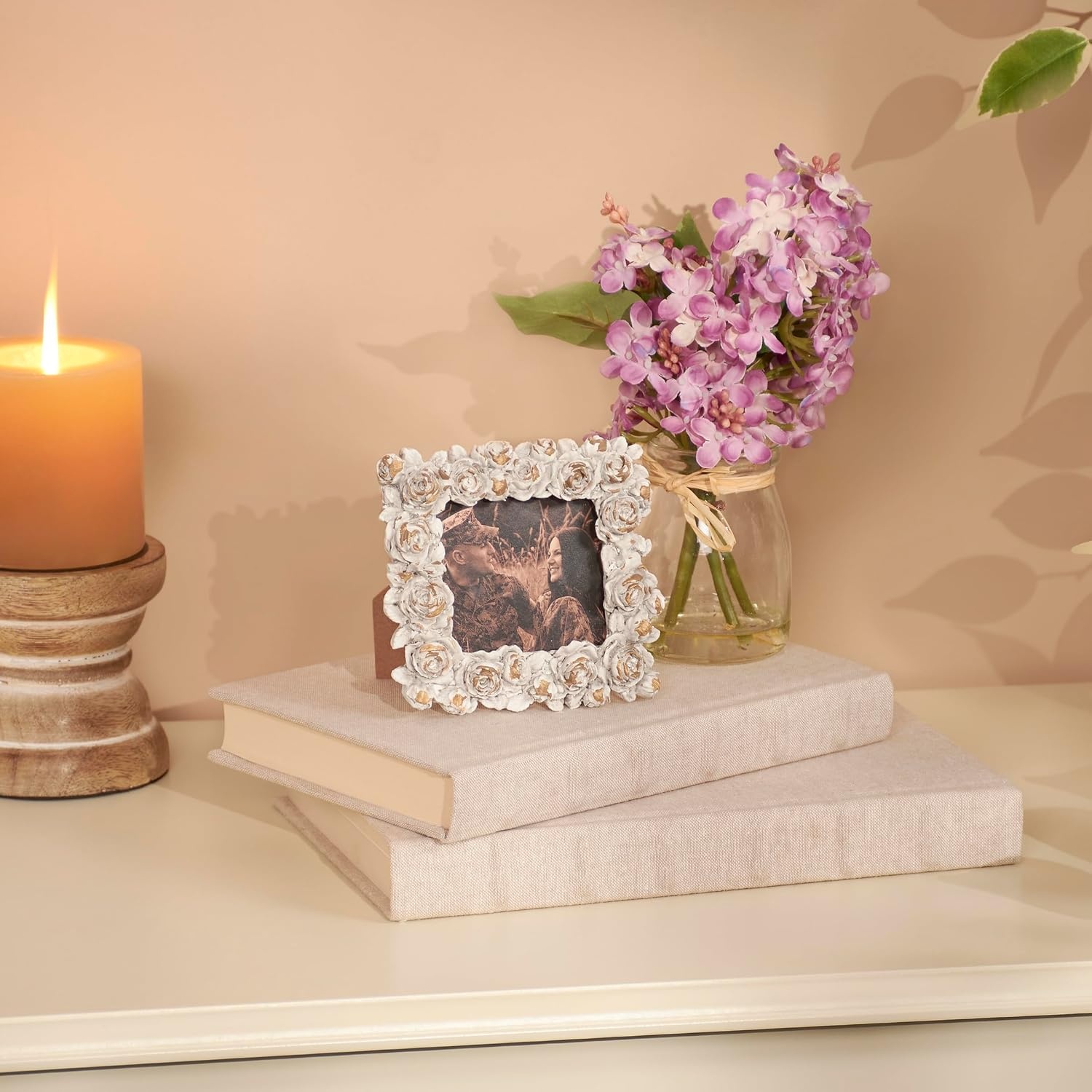 image:imagePrimitives by Kathy White Floral Wooden Photo Frame 4 x 4 delicate sculpted roses and butterflies border vintage picture display for nursery anniversary or wedding giftBotanical