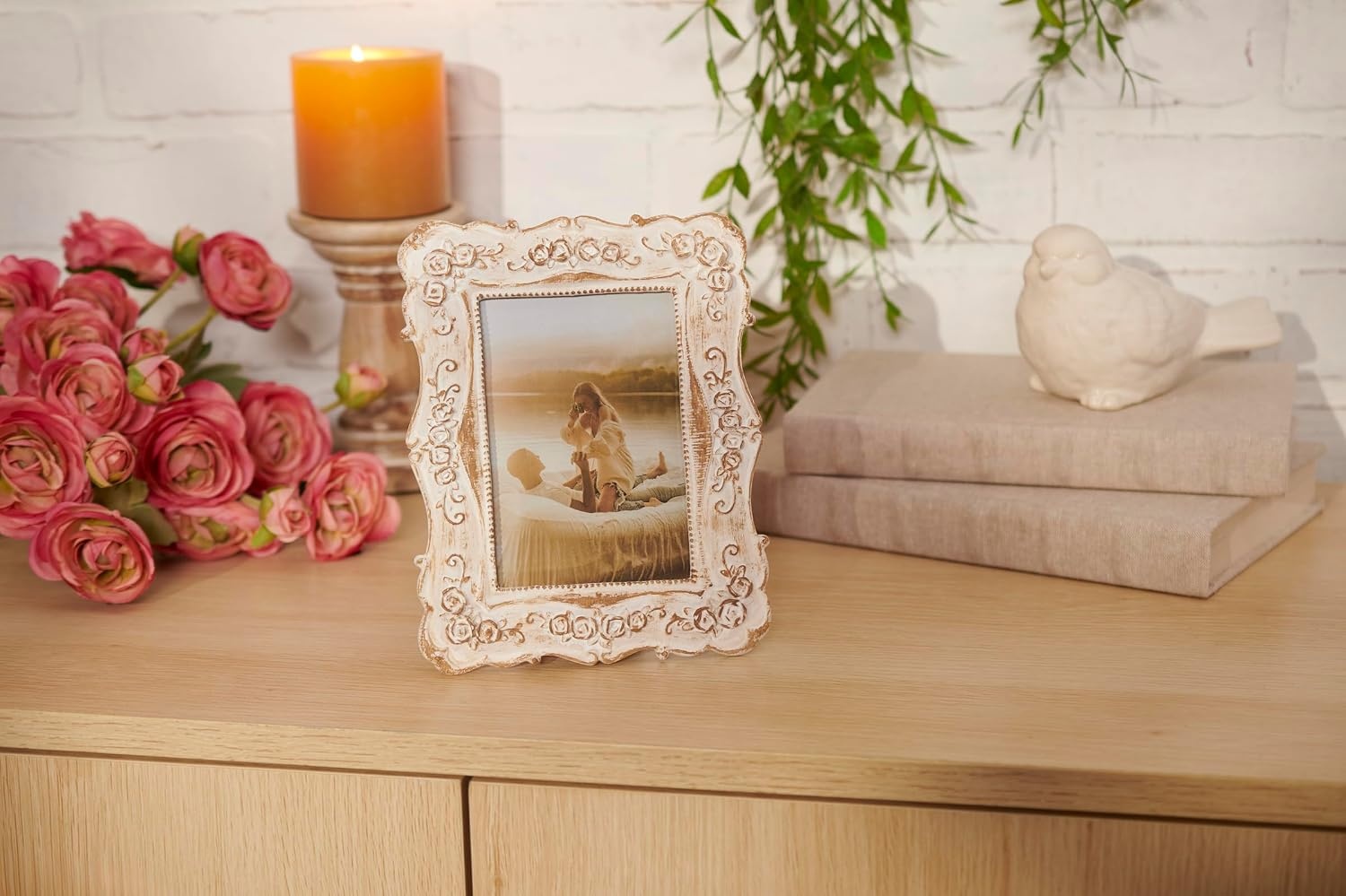 image:imagePrimitives by Kathy White Floral Wooden Photo Frame 4 x 4 delicate sculpted roses and butterflies border vintage picture display for nursery anniversary or wedding giftAntique