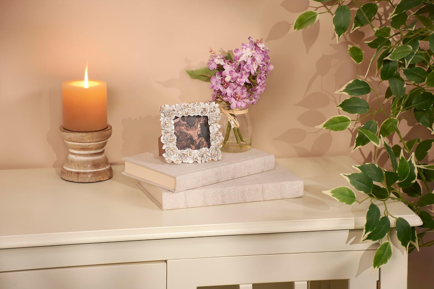 image:imagePrimitives by Kathy White Floral Wooden Photo Frame 4 x 4 delicate sculpted roses and butterflies border vintage picture display for nursery anniversary or wedding giftBotanical