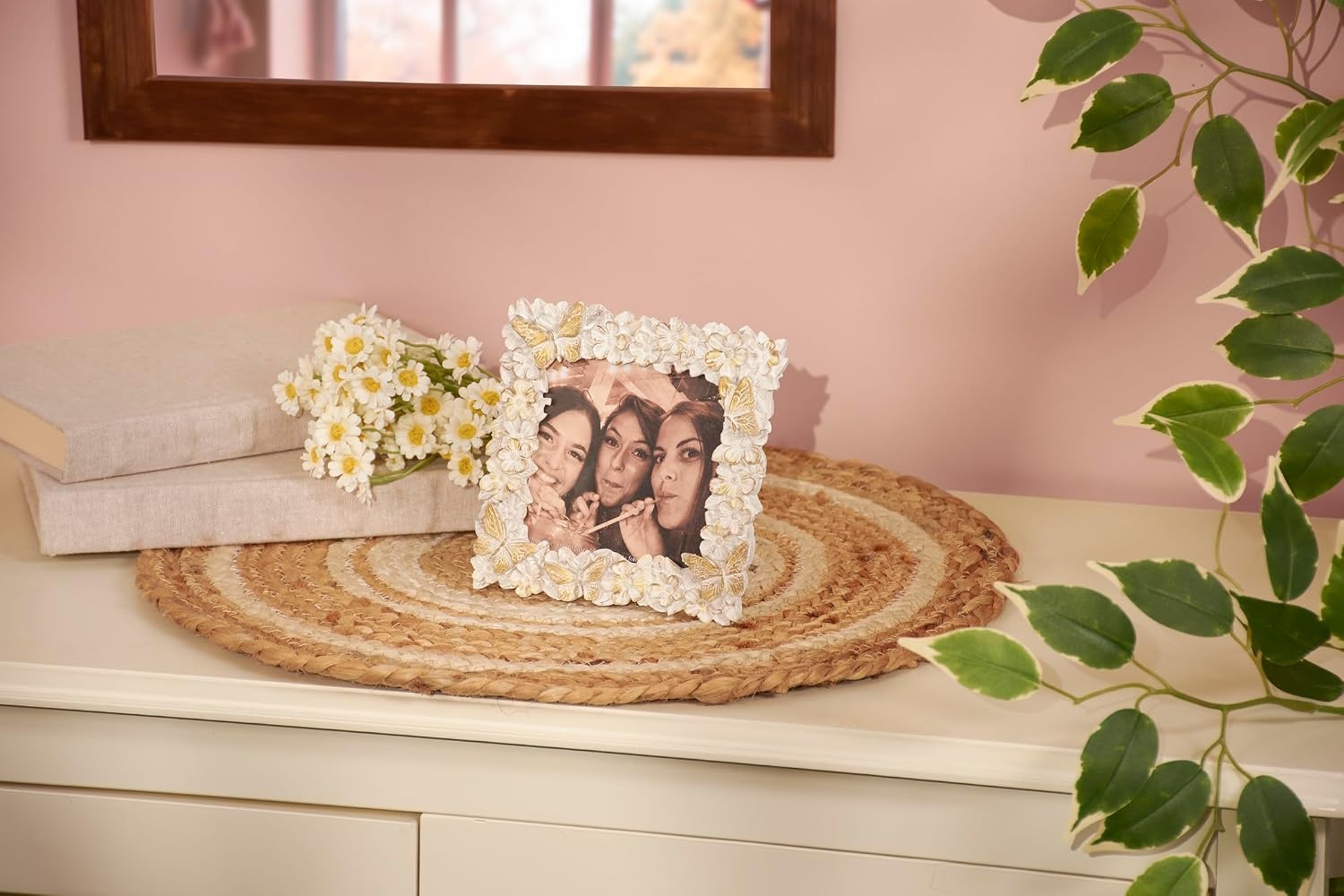 image:imagePrimitives by Kathy White Floral Wooden Photo Frame 4 x 4 delicate sculpted roses and butterflies border vintage picture display for nursery anniversary or wedding giftGarden
