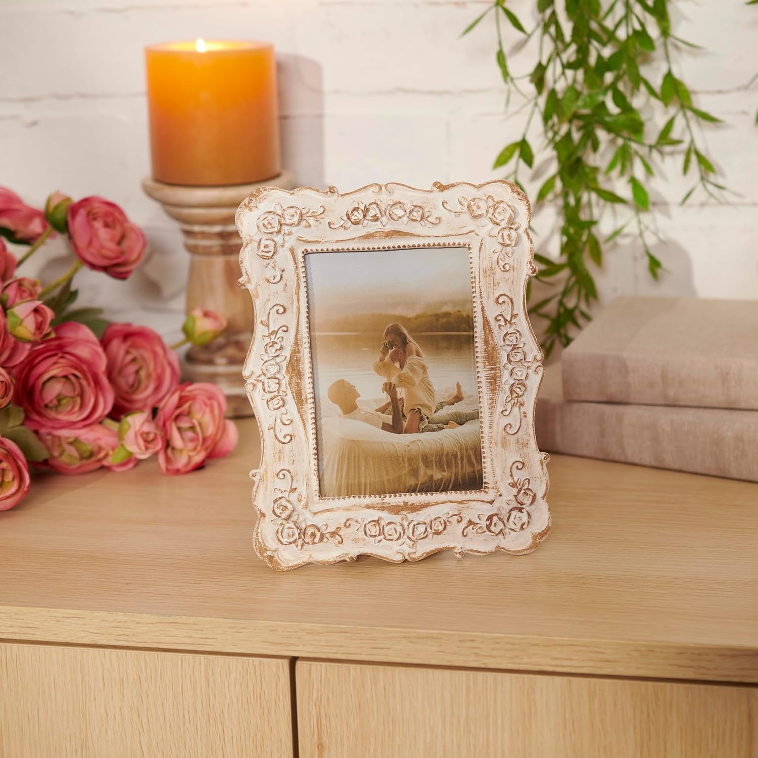 image:imagePrimitives by Kathy White Floral Wooden Photo Frame 4 x 4 delicate sculpted roses and butterflies border vintage picture display for nursery anniversary or wedding giftAntique