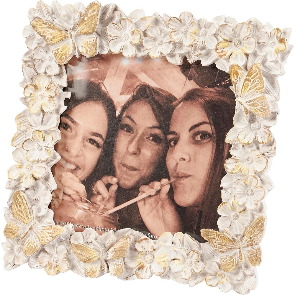 image:imagePrimitives by Kathy White Floral Wooden Photo Frame 4 x 4 delicate sculpted roses and butterflies border vintage picture display for nursery anniversary or wedding giftGarden