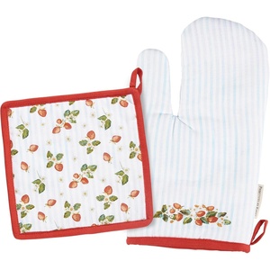 image:imagePrimitives by Kathy Oven MittPotholder Kitchen Set from Our Garden Collection Matching Set displays Charming Hand Painted Strawberry and Flower Designscomplementing red EdgesStripes