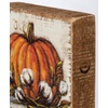image:imagePrimitives by Kathy Home Decor wooden block sign featuring an orange pumpkin with cotton stem details replicated from original artwork painted onto burlap canvas Coordinates with other signs in this collection for a delightful seasonal display